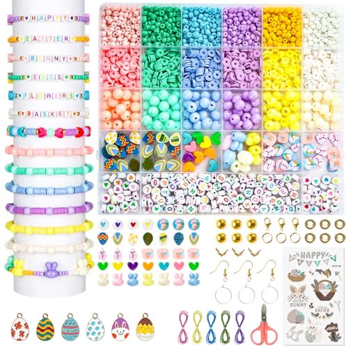 zenmag Perlen Set für Armbänder, Pastellfarben Perlen zum Auffädeln mit Buchstabenperlen, Tonperlen und Zubehör, Armband Set zum Selber Machen, Schmuck Bastelset für Erwachsene