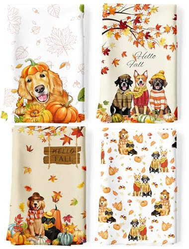Arquiel 4er Set Geschirrtücher Herbst Kürbis Küchentücher Dekorative 100% Baumwolle Trockentücher Hunde Saugstarke Geschenk für den Urlaub Einweihungsfeier 48 cm x 70 cm