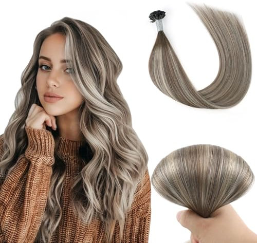 Yuniffe U Tip Hair Extensions Real Human Hot Fusion Hair Extensions Remy Silk Straight Nail Tip Keratin Real Hair Extensions Rooted Brown Fading to Ash Brown with Medium Blonde 16 inch 50g/50s
