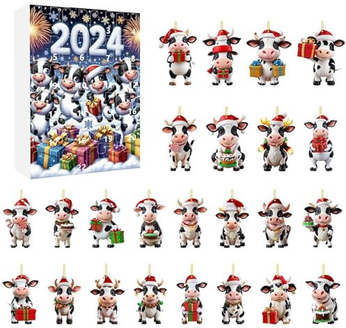 Weihnachten Kuh Adventskalender 2024, Weihnachts Countdown Kalender Mit 2D Acryl Tier Niedlicher Kuh Anhänger Weihnachts Deko Adventskalender Für Familie Und Freunde