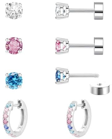 jagosen Flat Back Earrings Sterling Silver Plated Stud Hoop Earrings For Women 4 Pair Cubic Zirconia Hypoallergenic Cartilage Helix Tragus Piercing Screw Back Sleeper Earrings