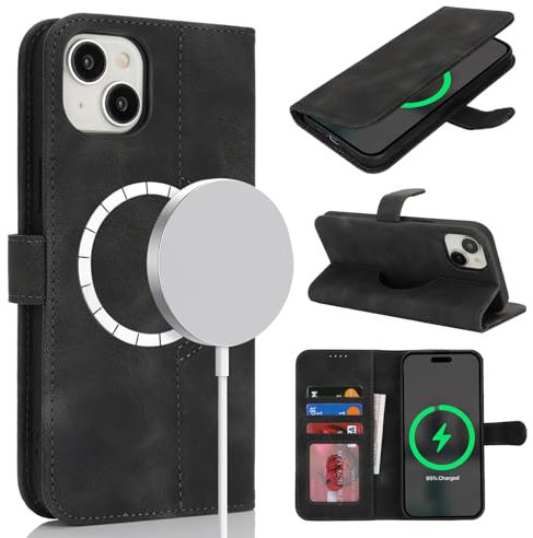 Zouzt Case for iPhone 14/13 (6.1), [Compatible with MagSafe] Magnetic PU Leather Wallet Case with Card Holders and Kickstand, Wireless Charging Flip Folio Phone Cover - Vintage Black