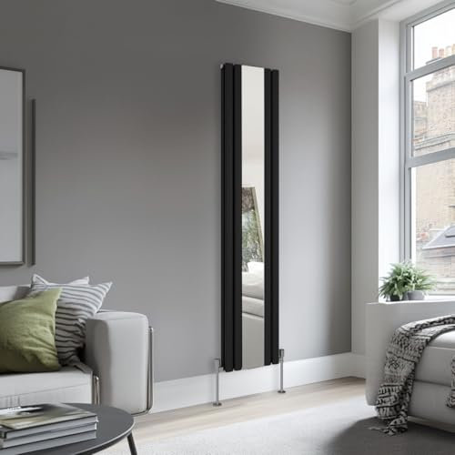 Blümme Vertical Mirror Radiator Designer Oval Panel Double Column Radiator with Mirror Central Heating Radiators - 1800x380mm Black