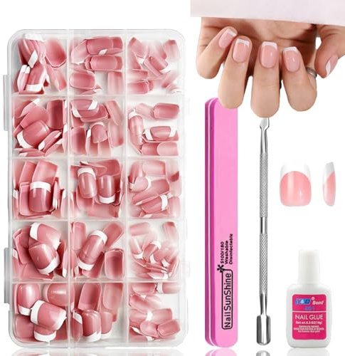 240Pcs Press On Nails Short - Square French False Nails Kit - Acrylic Fake Nails White Tip French Glossy Full Cover Glue/Stick on for Women Girls