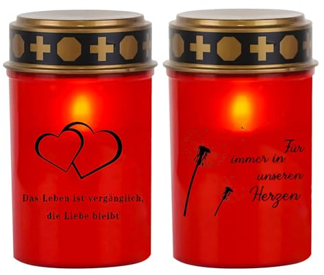 LED Grabkerze mit Timer, 2 Stk Grabschmuck Wetterfest Grablichter Kerze, 12.3*7cm Kunststoff Grablicht Kerzen mit Realistischem Flackereffekt, Herzform Löwenzahn Trauerkerze Grablaterne Draußen (Rot)