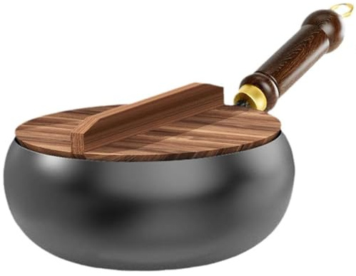 Japanese Iron Pan, Japanese Hand-Forged Non-Stick IronPan Without, Uncoated Iron Pan, for Cooker Gas Stir Fry Pans, for Induction & Gas Stove, Natural Cooking (24cm/9.45inch（Wooden Lid）)