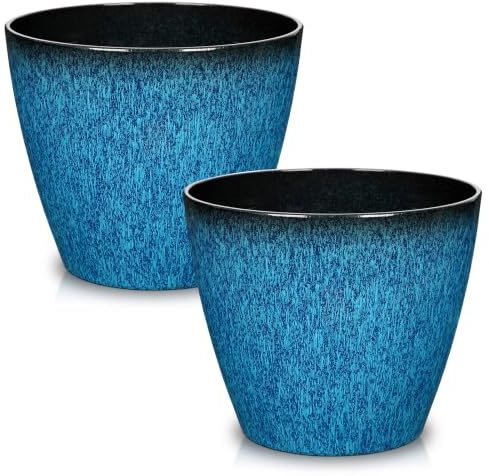 Set of 2 Plastic Plant Pots 20cm Blue Garden Planter with Drainage Hole | Decorative Flower Pots for Indoor/Outdoor, Outside Round Plant Pot for Home Garden Decoration, Gradient Blue