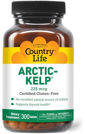 Country Life Arctic-Kelp – Natural Iodine Supplement for Thyroid and Immune Support – Vegan, Gluten-Free, 225 mcg – Ideal for Thyroid Health, Hypothyroidism, and Adrenal Support, 300 Tablets