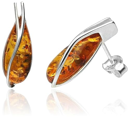 Pendientes pequeños de plata de ley con corte de lágrima de ámbar báltico para mujeres y niñas, aretes modernos y contemporáneos de ámbar – miel coñac naranja ámbar/ámbar verde, 20 millimeters, Plata