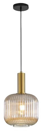 HJXDtech Lámpara Colgante Industrial con Pantalla de Cristal a Rayas, Vintage Dorado E27 Lámpara Suspendida de Techo Ajustable para Cocina Comedor Salón Bar Pasillo Restaurante (Ámbar, 20 cm)