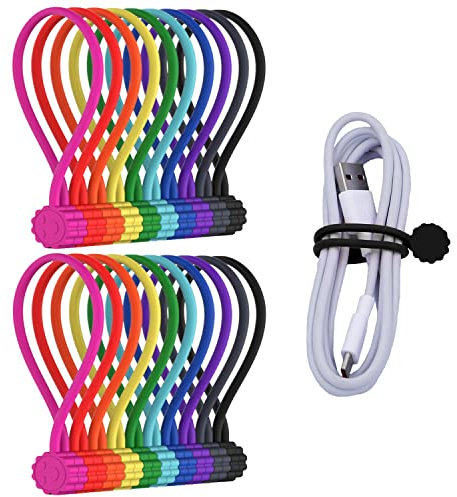 Rich&Ray Magnetic Reusable Silicone Cable Ties, Phone Cord Holder, Magnetic Cable Ties for Headphone Cables, Charging Cable Organizer, Book Markers, Hanging Stuff 7.48'' (20pack-10 Color)