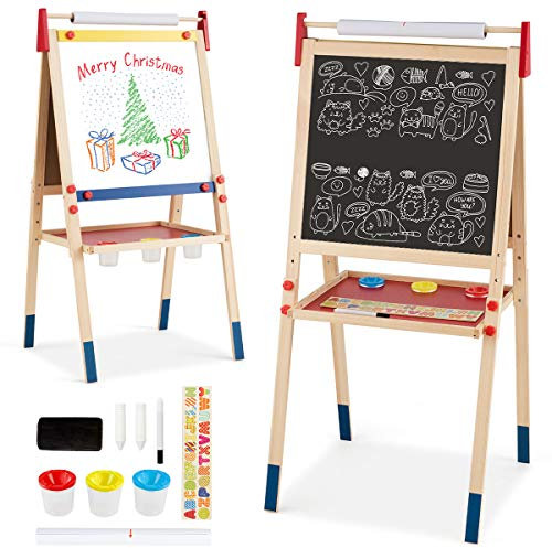 COSTWAY 3 en 1 Chevalet pour Enfants Double Face en Bois de Pin, Tableau Magnétique sur Côté Blanc, Accessoires Complets 3 Hauteurs Disponibles 124,5/118,5/112,5CM