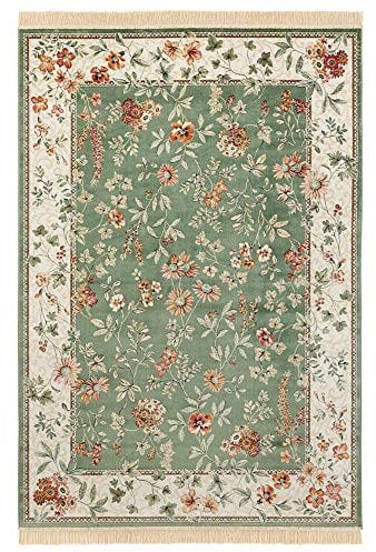 Nouristan Naveh Orient Teppich – Wohnzimmerteppich Orientalisch Kurzflor mit Fransen Vintage Orientalischer Samt-Teppich für Esszimmer, Wohnzimmer, Schlafzimmer – Grün, 95x140cm