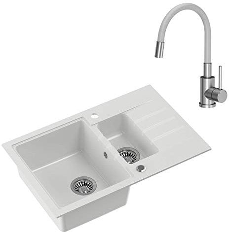 VBChome Spüle mit Armatur 78 x 50 cm Weiß Tiefes Becken 20cm 1,5 Becken Küche Große Abtropfflache ab 55 cm Einbauspüle Gesprenkelt Verbundspüle Küchenspüle Einzelbecken + Siphon Flexibel Wasserhahn