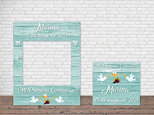 Oedim Photocall Comunion Madera Verde Personalizado + Cartel, Eventos o Celebraciones puntuales, 80x100cm, Ventanas Troqueladas, Divertido