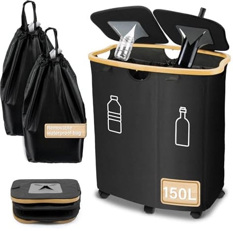MOWETOO Pfandflaschen Sammelbehälter 2 Fächer, 150L Pfandflaschen Behälter mit Deckel, Behälter Leergut & Altglas Aufbewahrung, Mülleimer Küche inkl 2 Tragetasche, Wasserdicht Fahrbar mit Rollen