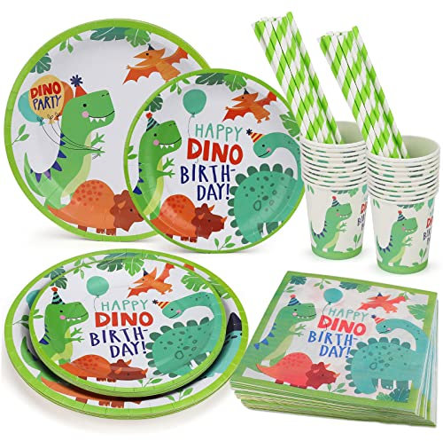 hicoosee 100 PCS Dino Vaisselle de Fête avec Unique Decoration Anniversaire Dinosaure, Jetable Vaisselle ont Assiettes Gobelets Papier Pailles Serviettes, Party Assiettes pour Enfants, 20 Invités