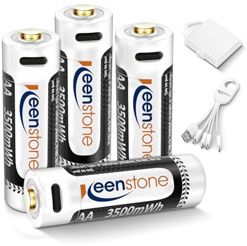 Pile Ricaricabili AA USB, Keenstone 3500mWh Litio AA LR6 HR6 1,5V Tensione Costante Carica Diretta Tramite cavo micro USB 4 in 1