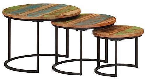 vidaXL Satztisch 3-TLG., Couchtisch Holz-Tischplatte Eisenbein, Beistelltisch für Wohnzimmer, Wohnzimmertisch, Industrie-Stil, Recyceltes Massivholz