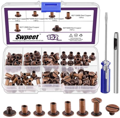 Swpeet 152 pezzi m5x5mm, 6mm, 8mm, 10mm, 12mm rosso bronzo viti rivetti in pelle con perforatore e cacciavite rotondo testa piatta borchie a doppia testa per fai da te in pelle artigianale