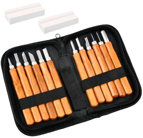USENG 14 Pièces Kit D'outils de Sculpture sur Bois,12 Ciseaux à Bois avec 2 Aiguiser et 1 Boîte,Outils de Gravure sur Bois Couteau Sculpture Bois,DIY Outil de Sculpture Bois pour Sculpteur Charpentier