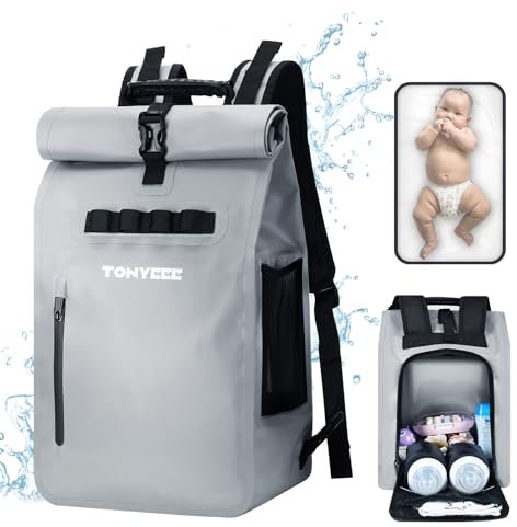 Tonyeee Wasserdicht Wickelrucksack, Lässige Wickeltasche, Rolltop Rucksack mit Flaschenwärmer, Wickelunterlage und Kinderwagenbefestigung - Grau