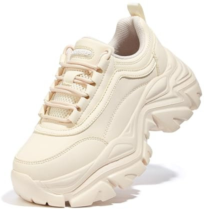 LUCKY STEP Chunky Turnschuhe für Damen, modische Plateau-Lässige Schuhe, Bequeme Keilabsatz Sneaker (Beige, 6US-36EU-3UK)