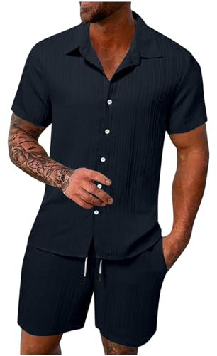 HAOLEI Mens Cotton Linen Shorts and Shirt Sets UK Clearance Tracksuit Set Summer Co Ord Sets Short Sleeve Button Down Shirts & Shorts with Pockets 2 Piece Outfits Vacation Beach Wedding Suits