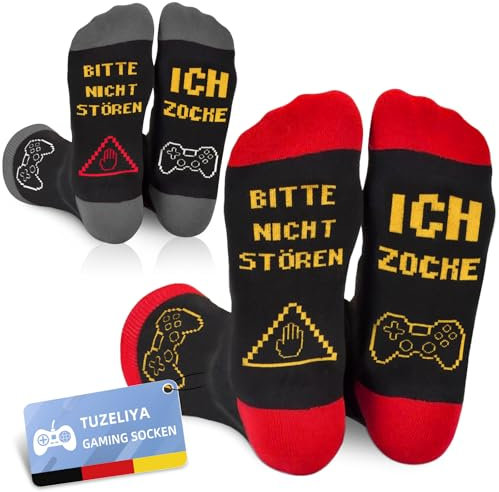 TUZELIYA Lustige Socken, 2 Paar Gaming Socken mit Spruch BITTE NICHT STÖREN ICH ZOCKE, Baumwolle Socken Herren, Rutschfeste Wintersocken, Gamer Geschenk für Männer Frau Weihnachts Geburtstag, Rot Grau