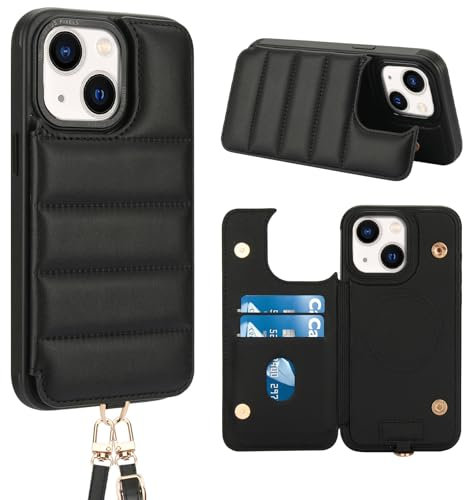 Butnyeoe Crossbody Wallet Case for iPhone 13/14(6,1) with Card Holder Magnetic Charging Kickstand,Flip Leather Phone Case,RFID Blocking Protective Cover,Wrist Strap Lanyard Handbag,Black