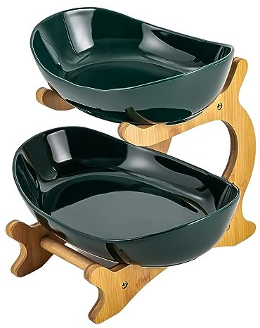 Repomanda 2-Tier Ceramic Fruit Bowl with Bamboo Stand – Large Kitchen Countertop Organizer for Fruits, Vegetables, Snacks & Bread – Yuanbao-Shaped, Anti-Slip (Khaki/ Green) (Green)