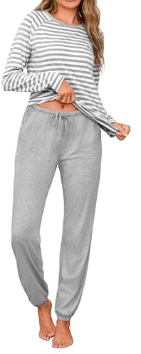 Uniexcosm Pyjama Femme Hiver, Manches Longues, Détails Rayés | Tissu doux et extensible, col rond à boutons, poignets et chevilles ajustés pour un confort agréable durant la nuit