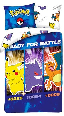 Pokemon Bettwäsche Set 135x200 + 80x80 · Pokémon Pikachu, Glurak & Gengar · KinderBettwäsche Set 2-teilig Bettbezug + Kissenbezug · Deutsche Größe · Baumwolle