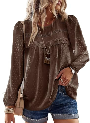 TUUHAW Womens Tops Autumn Round Neck Flowy Chiffon Boho Lace Tunic Shirts | Long Sleeve Tunic Tops for Women, Boho Crochet Chiffon Blouses, Flowy Lace Hem Clothing, Cute Elegant Business Peasant