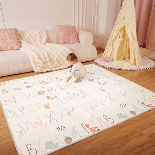 Joypony Baby Play Mat, Foldable Waterproof Floor Mat, Alphabet 150x180x1 CM | Reversible foam mat with anti-slip surface, easy to clean, ideal for tummy time and crawling, portable travel bag included