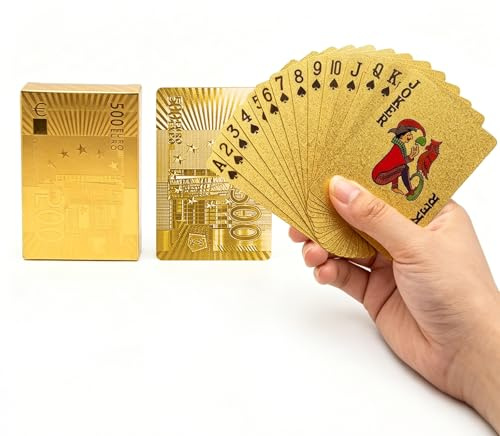 Wasserdichte Spielkarten Euro Design, Goldene PVC Pokerkarten Kunststoff, Luxus Euro Geldschein Kartenspiel, Flexible Poker Karten für Texas Holdem, Blackjack, Skat, Bridge, Partyspiele Erwachsene