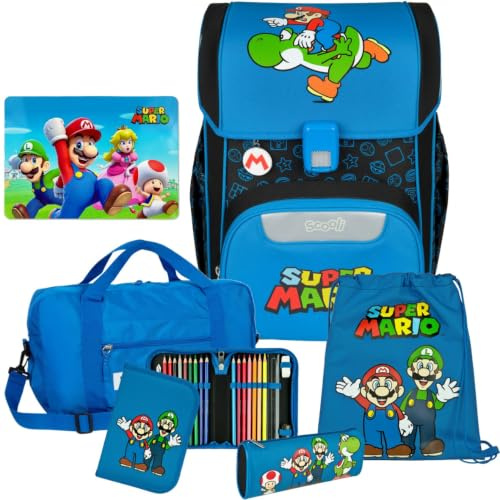 Pridera Scooli Schulranzen 1.Klasse Jungen EasyStart Schulranzen-Set geeignet für Super Mario-Fans (7tlg. mit Sporttasche passend dazu Platzdeckchen)