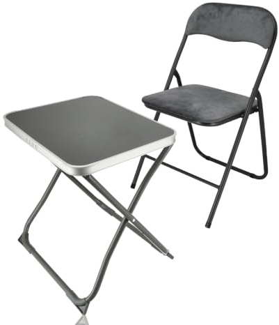 Camping Tisch und Stuhl Set Grau – 2-in-1 Campingtisch und Hocker mit Klapptisch, Samt Klappstuhl, Kompakter Klapptisch Camping für 1 Person, Balkon, Wohnwagen, Garten und Zuhause