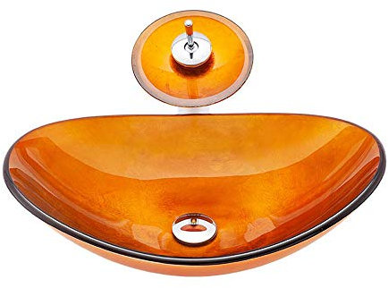 HomeLava Lavabo de cristal Hecho de vidrio templado Lavabo sobre encimera para baño con grifo de cascada Forma ovalado (Naranja claro)