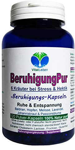 BERUHIGUNG, ENTPANNUNG 120 Kapseln PFLANZLICHES Beruhigungsmittel mit Baldrian Hopfen Melisse Lavendel Johanniskraut Passionsblume. Natürliche BERUHIGUNGSKAPSELN. OHNE ZUSATZSTOFFE. 26720-120