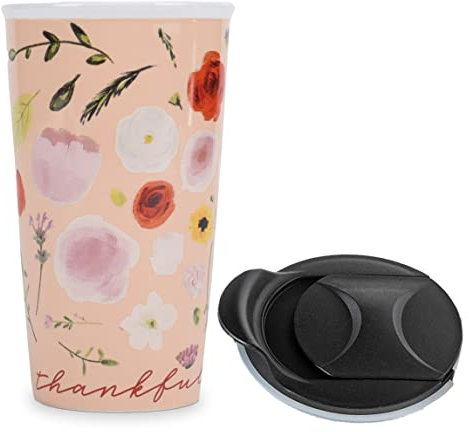 Lighthouse Christian Products Thankful and Blessed 12 ounce Ceramic Stoneware Travel Tumbler Mug, Blush Pink Floral