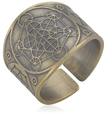 LIKGREAT Metatrons Würfel Ring Erzengel Metatron Talisman Amulett Ringe Heilige Geometrie Kupfer Offener Ring Glücksbringer Schutz Religiöse Schmuck Geschenke für Männer Frauen (Bronze)