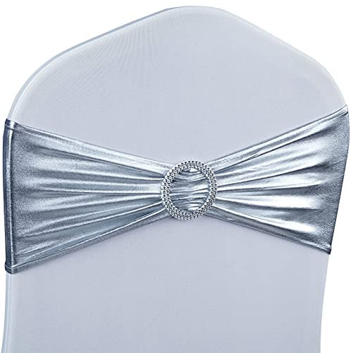 Babenest Spandex Chair Sashes Bows Premium Stretch Chair Cover Band with Buckle Slider Universal Elastic Chair Ties for Wedding Party Ceremony Reception Banquet Decoration (Metallic Silver, 30)