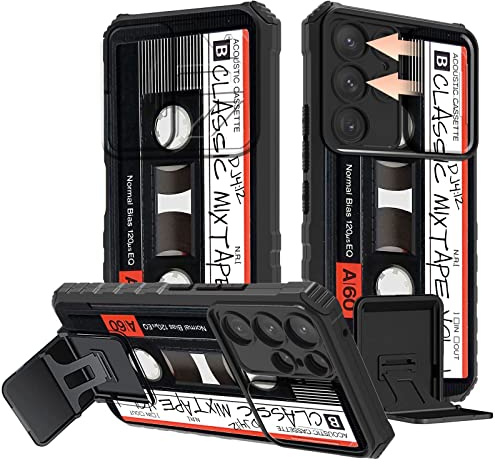 Rossy for Samsung Galaxy S23 Ultra Case, Galaxy S23 Ultra 2023 Phone Case with Slide Camera Cover Kickstand Dual Layer Hybrid Shockproof Protective Case for Samsung S23 Ultra,Retro Audio Cassette