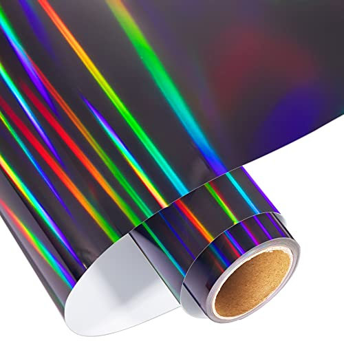 VINYL FROG Holographic Permanent Vinyl Glossy Adhesive Vinyl Roll Black Vinyl Rainbow Craft Vinyl Easy to Cut & Weed & Transfer, 12''x6ft