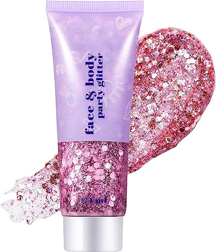 Go Ho Pink Face Body Glitter Gel,Singer Concerts Face Glitter Makeup,Holographic Long Lasting Chunky Sequins Glitters for Eye Lip Hair Nails,Festival Rave Accessories,03 Pink Glitter 52g