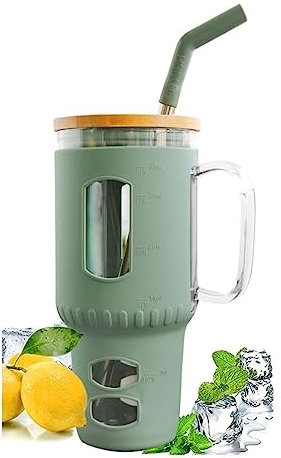 EMEBAY Mug Voyage avec Poignée et Paille 30 OZ, Tasse de Voyage 960ML Gobelet en Verre Pour la Voiture, les Voyages Grande Capacité