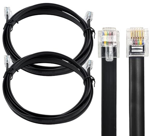 XANHAM RJ12 Cable 6 feet Telephone Line Cord with 6P6C Connector Landline Phone Wire for Both in-Wall and Out-Wall Using, Black, 2 Pack, AV06111