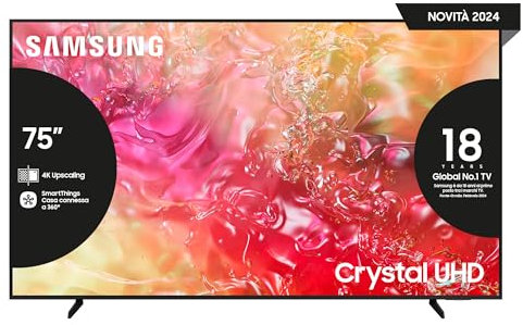 Samsung Smart TV 75 UE75DU7170UXZT, Crystal 4K UHD, 4K Upscaling, Slim Look, DVBT-2, Q-Symphony & OTS Lite, Integrato con Bixby, comp con Alexa e Google Assistant, Black 2024