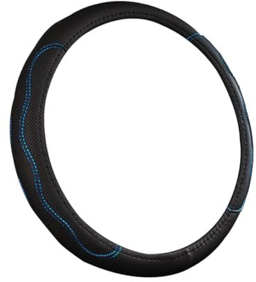 JNNJ Geprägter Lederlenkradbezug, Lenkradbezug Auto, Atmungsaktive Universal-Lenkradabdeckung, Sport Anti Rutsch Universal 38cm Lenkradbezug, Lenkrad Abdeckung Echtes Leder Anti Slip(Schwarz+Blau)